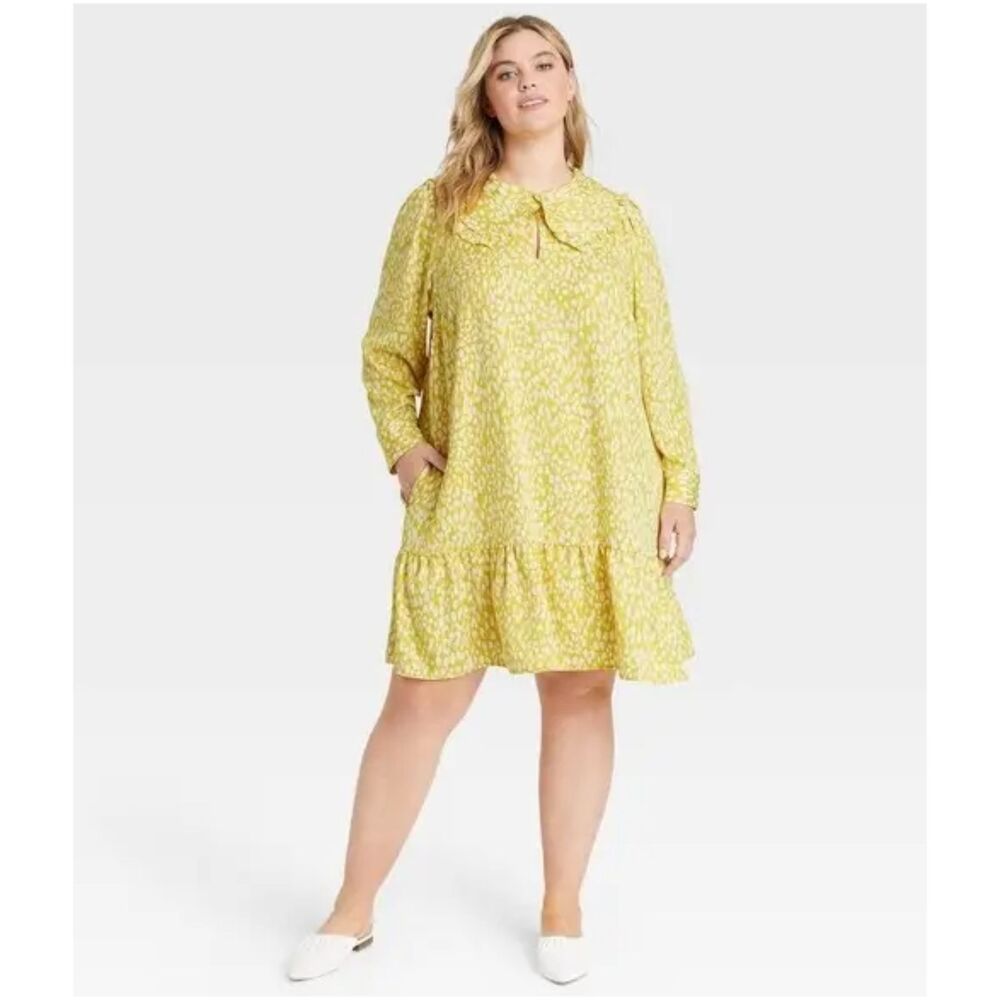 Who What Wear Yellow & White Print Ruffle Collar Button Sleeves Dress Size 3X
